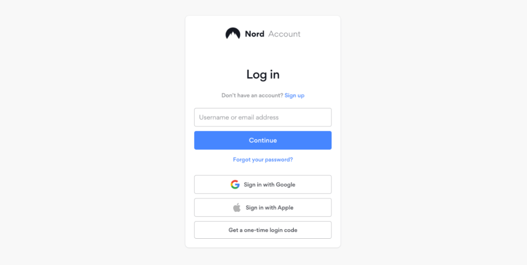 Log In Screen on NordVPN Website