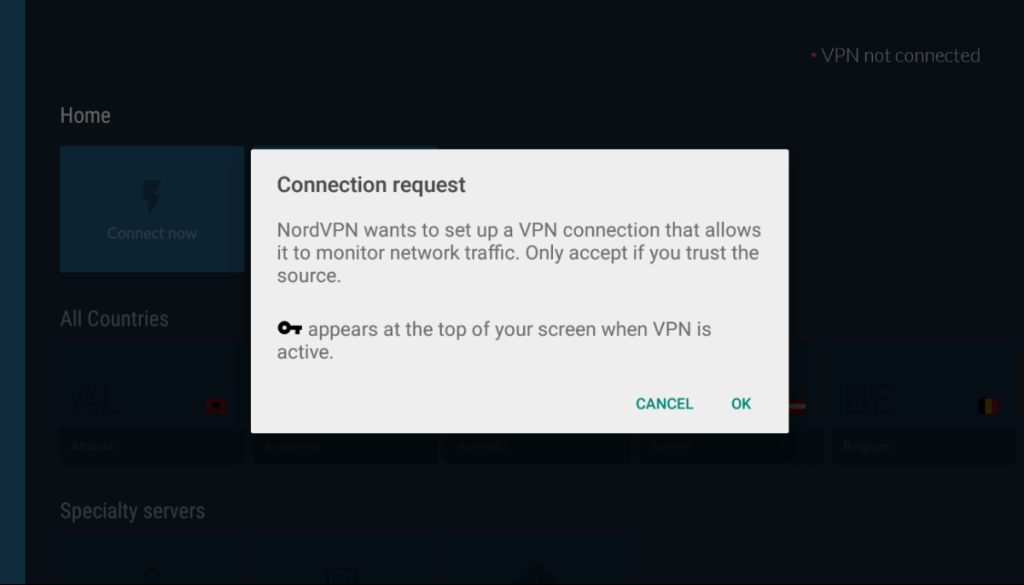 NordVPN Asking for Connection Request on Android TV
