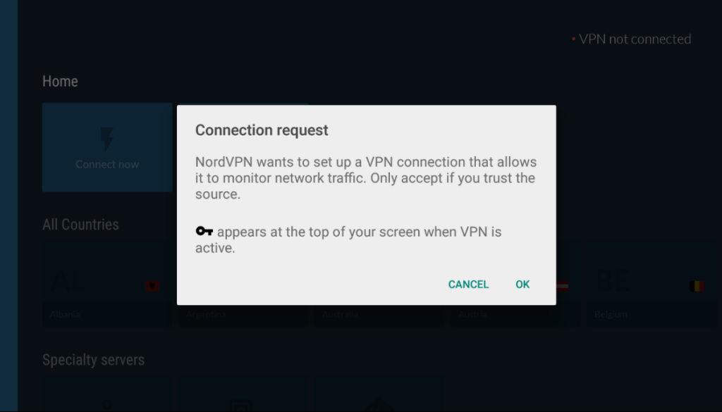 NordVPN solicitando una solicitud de conexión en Android TV