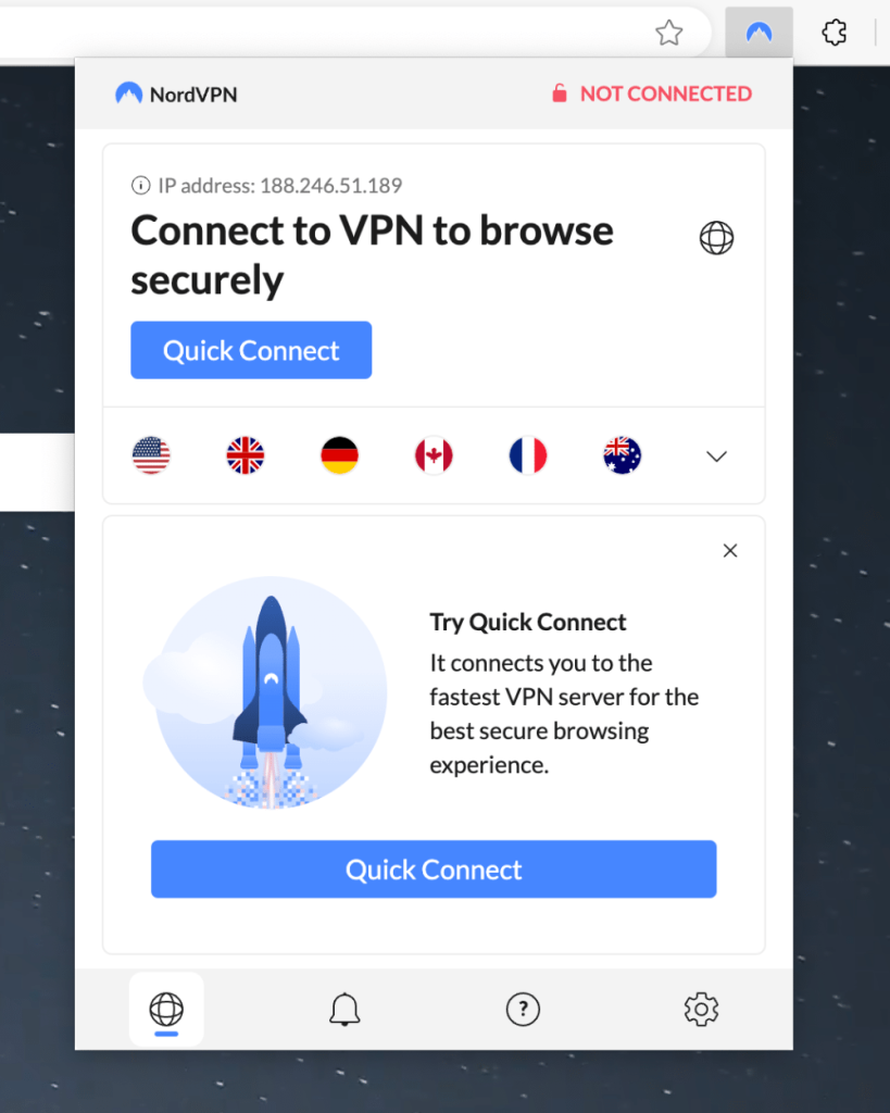 NordVPN Chrome Extension Home Screen