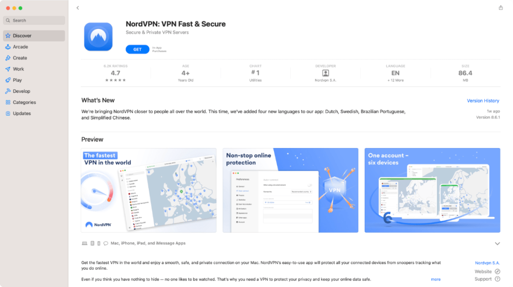 NordVPN Mac App Store Listing