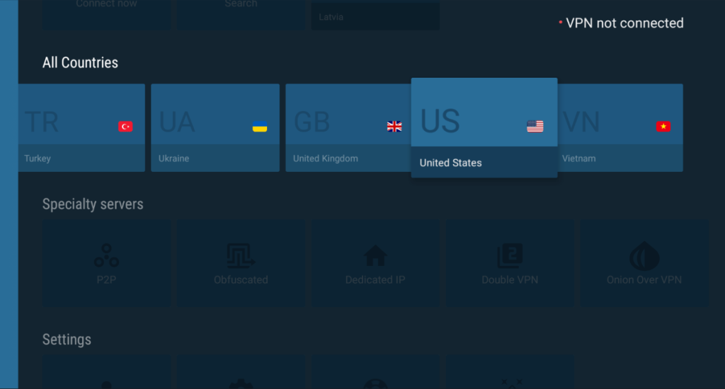 NordVPN Server Selection on Android TV