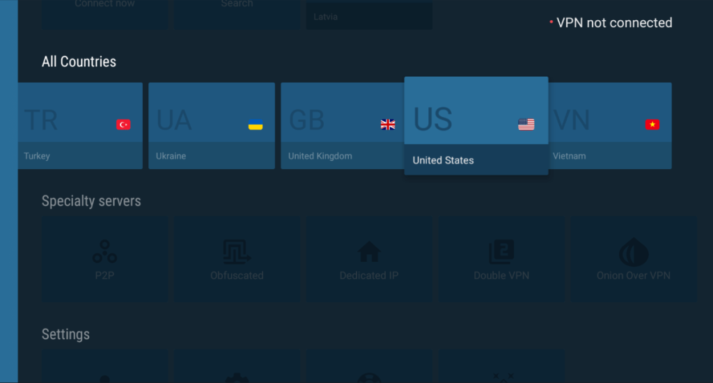 Selección del servidor NORDVPN en Android TV