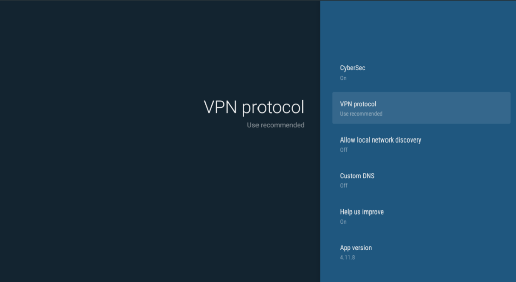 NordVPN Settings Panel on Android TV