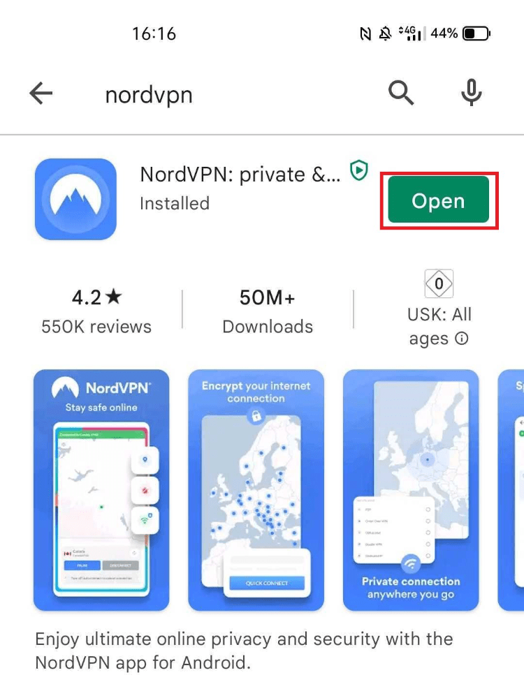 Opening NordVPN on Android via Play Store