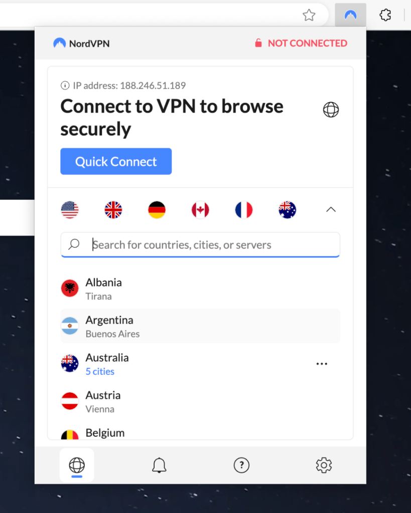 Picking Server Location in NordVPN Add-On