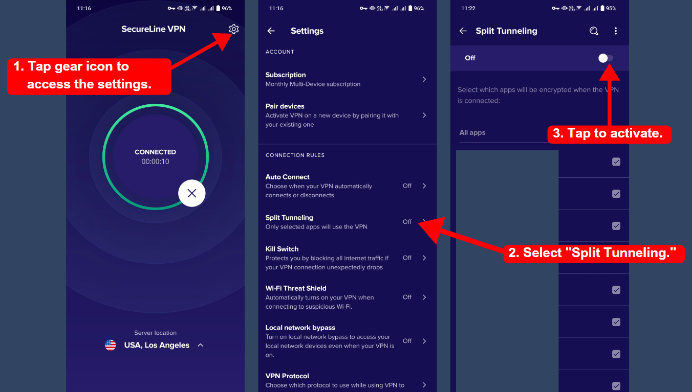 Avast SecureLine VPN app on Android showing the Split Tunneling feature