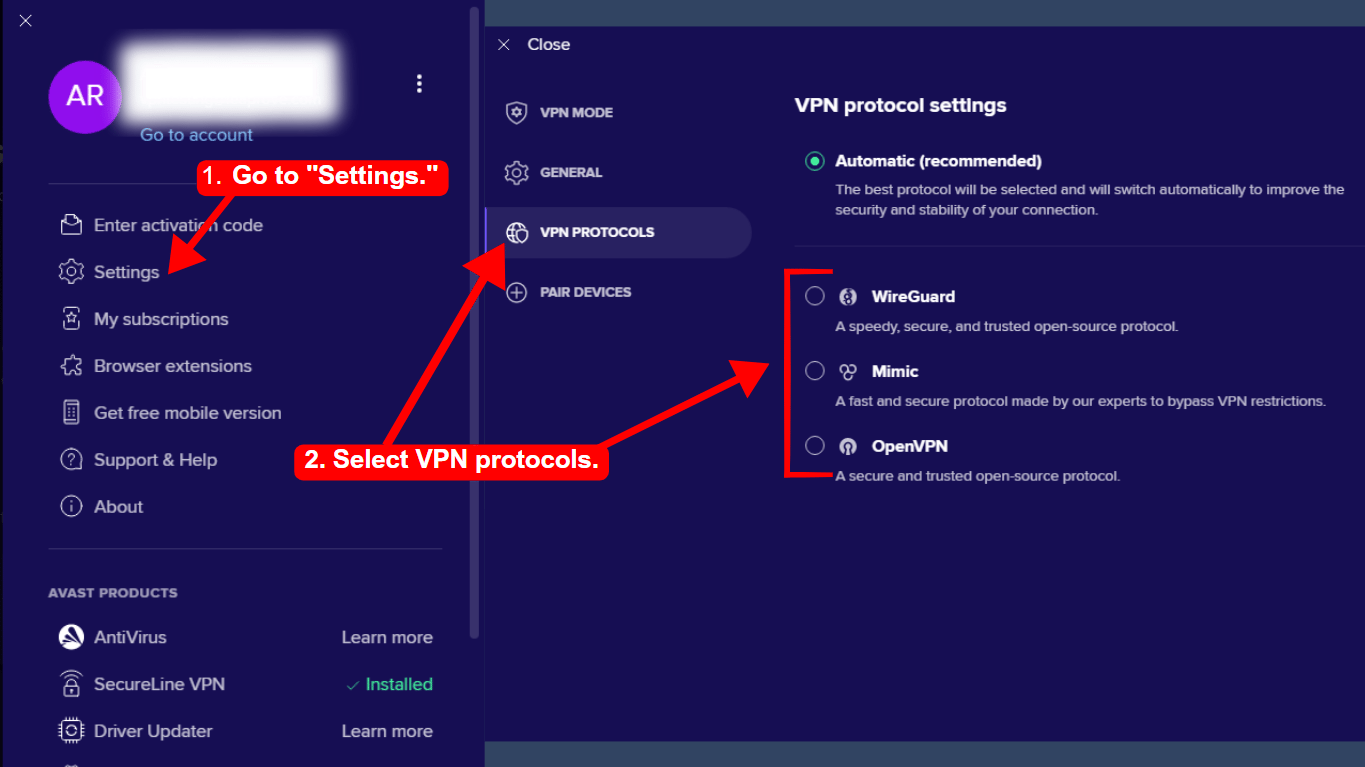 Avast SecureLine VPN protocols on Windows