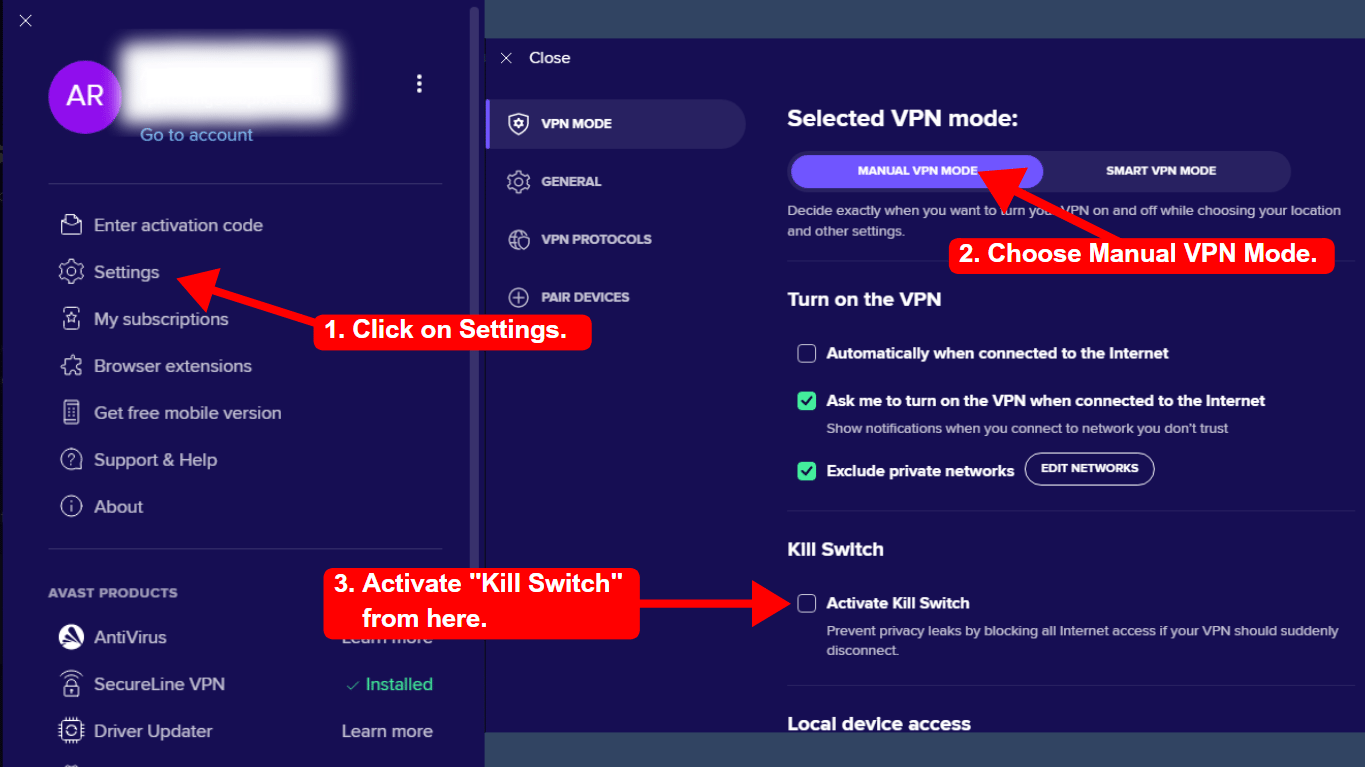 Avast SecureLine VPN settings showing the kill switch and VPN modes