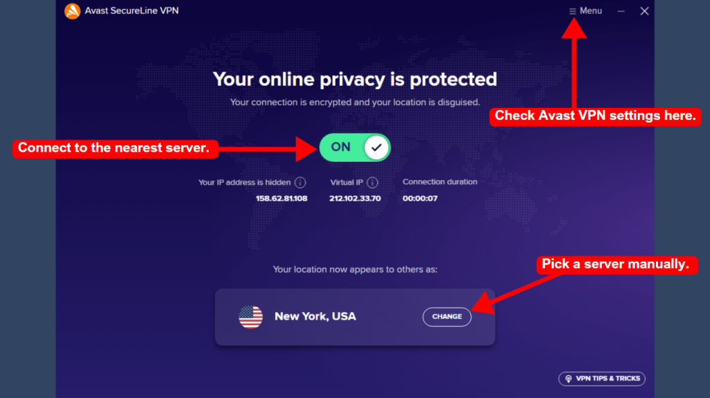 Avast SecureLine VPN's appearance on Windows