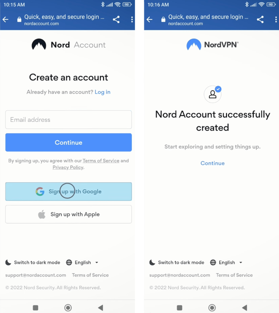 Creating NordVPN Account on Android