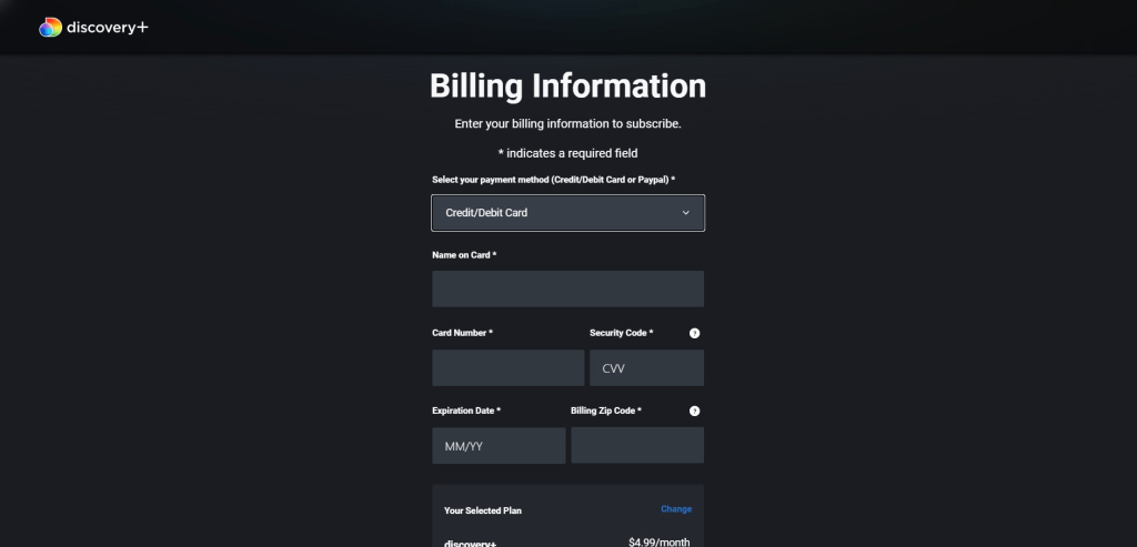 Entering billing information when paying for Discovery Plus