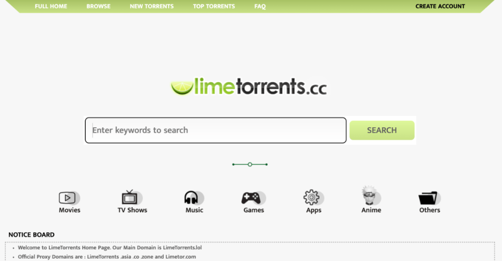 Página de inicio del sitio web de Limetorrents