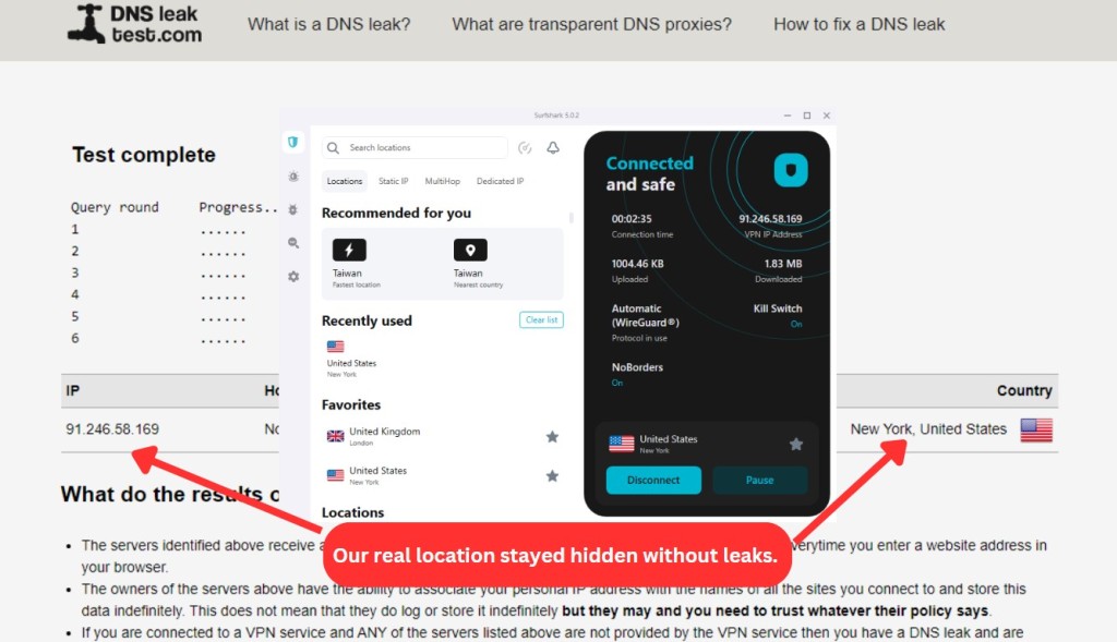 Surfshark's DNS Leak Test Result