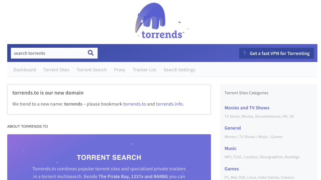 Página de inicio del sitio web de torrends