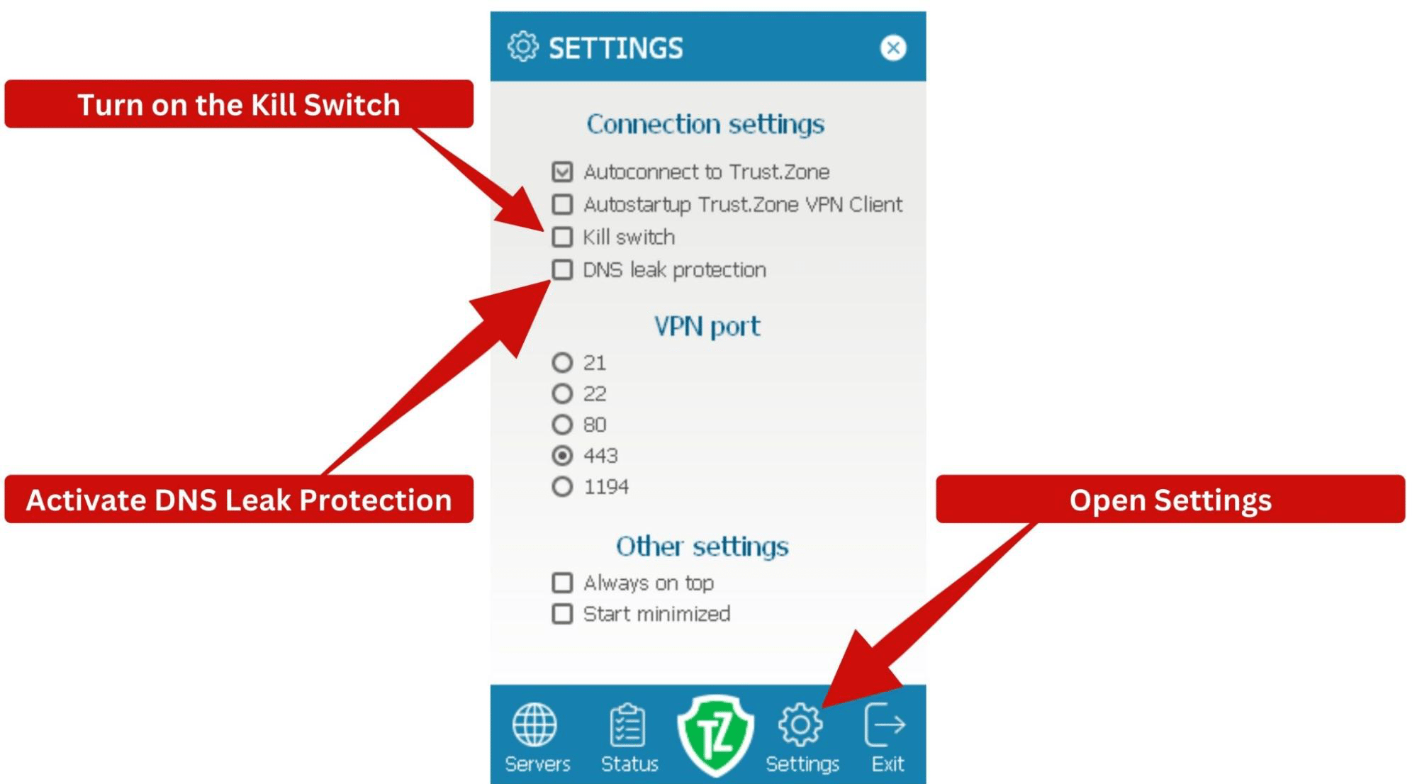Trust.Zone VPN Connection Settings on a Windows app