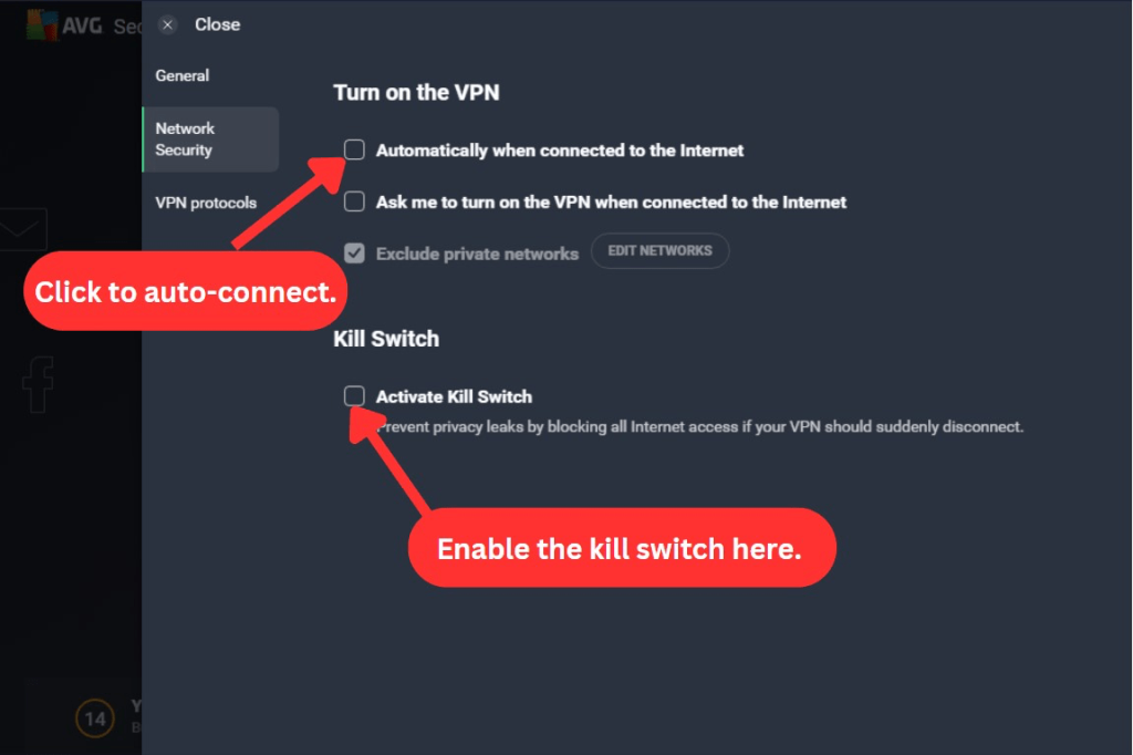 AVG Secure VPN showing the kill switch and auto-connect features