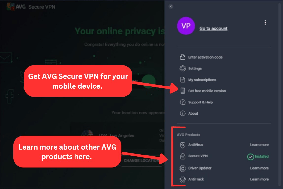 AVG VPN App showing other AVG products