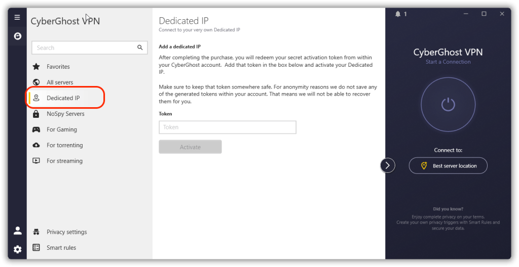CyberGhost Dedicated IP (Main Page Expanded Window > Dedicated IP)