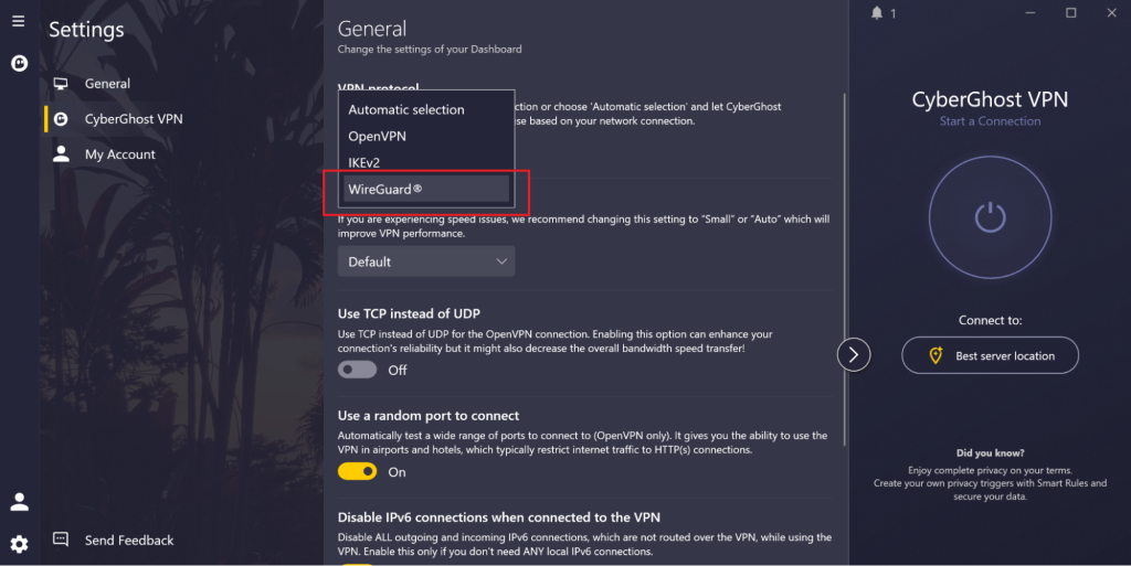 CyberGhost's WireGuard Protocol (Main App Home Screen > Settings > CyberGhost VPN > VPN protocol > WireGuard)