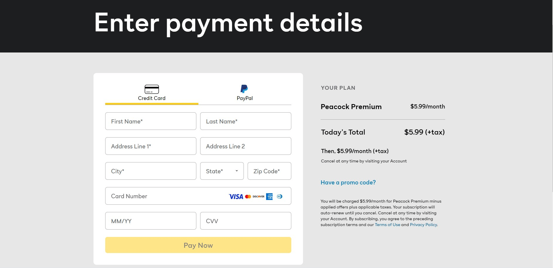Entering payment details for a Peacock subscription