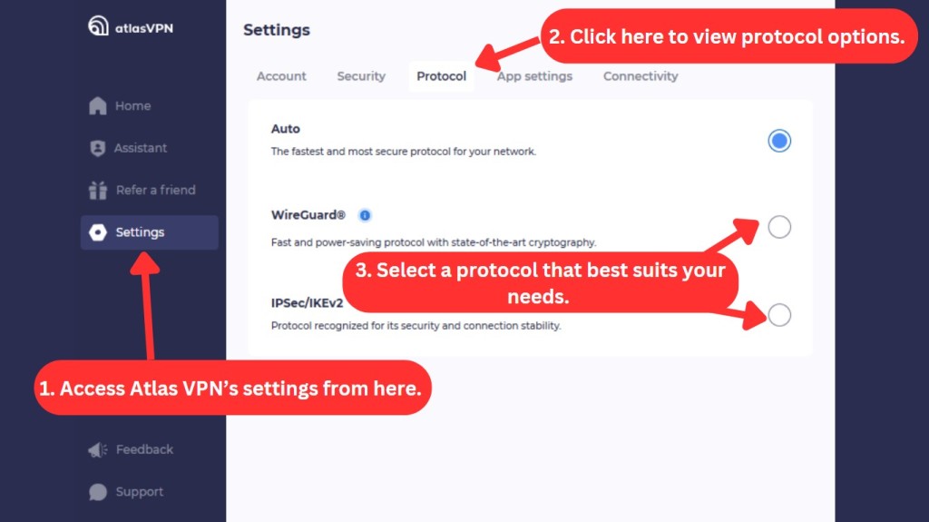How to select Atlas VPN protocols on Windows