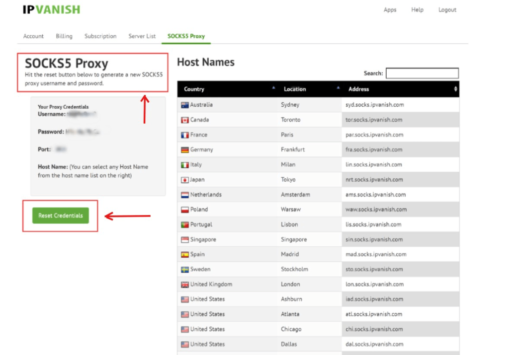 IPVanish’s SOCKS5 Proxy (IPVanish Website > IPVanish Account > SOCKS5 Proxy)