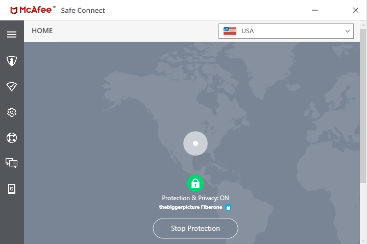 McAfee Safe Connect VPN home screen on Windows