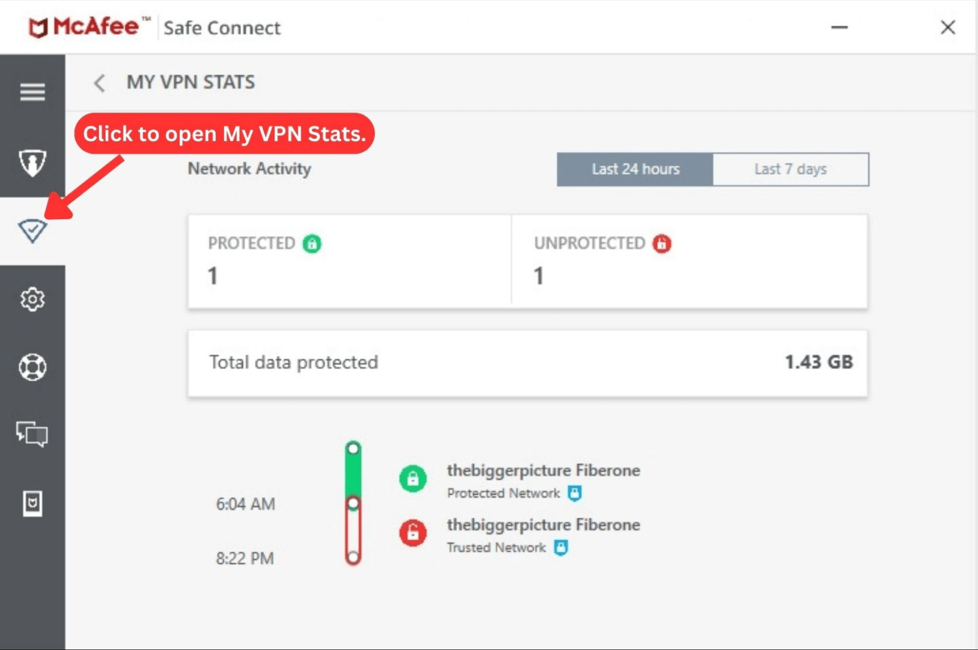 McAfee VPN app showing VPN stats
