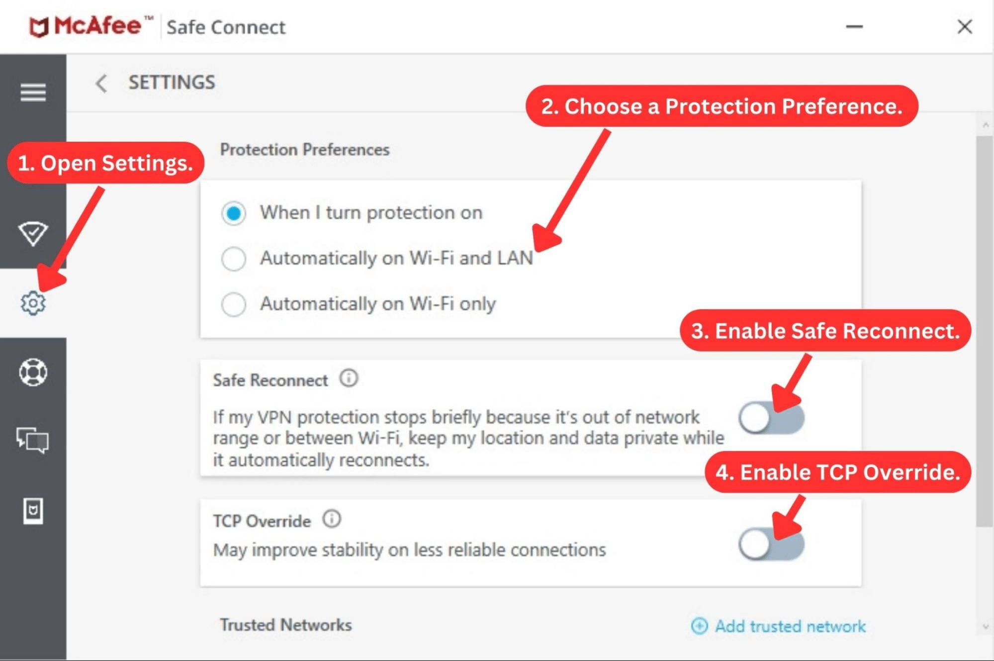 McAfee VPN settings on a Windows app