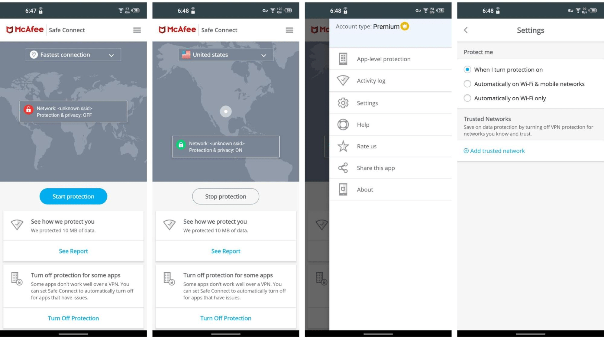 McAfee VPN's interface on Android