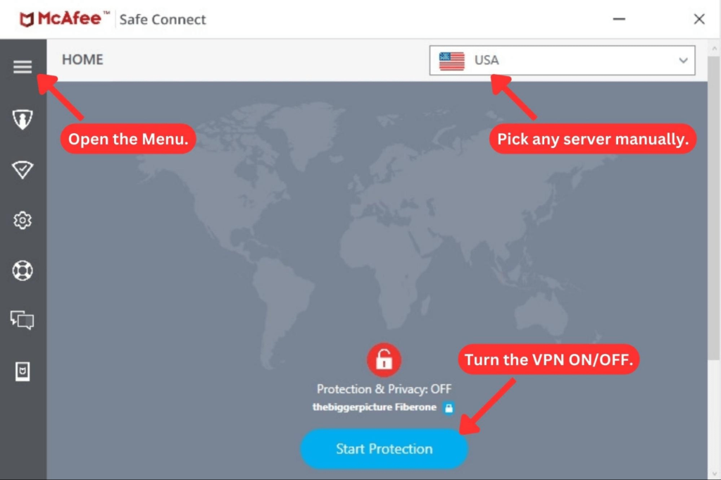 McAfee VPN's interface on a Windows PC