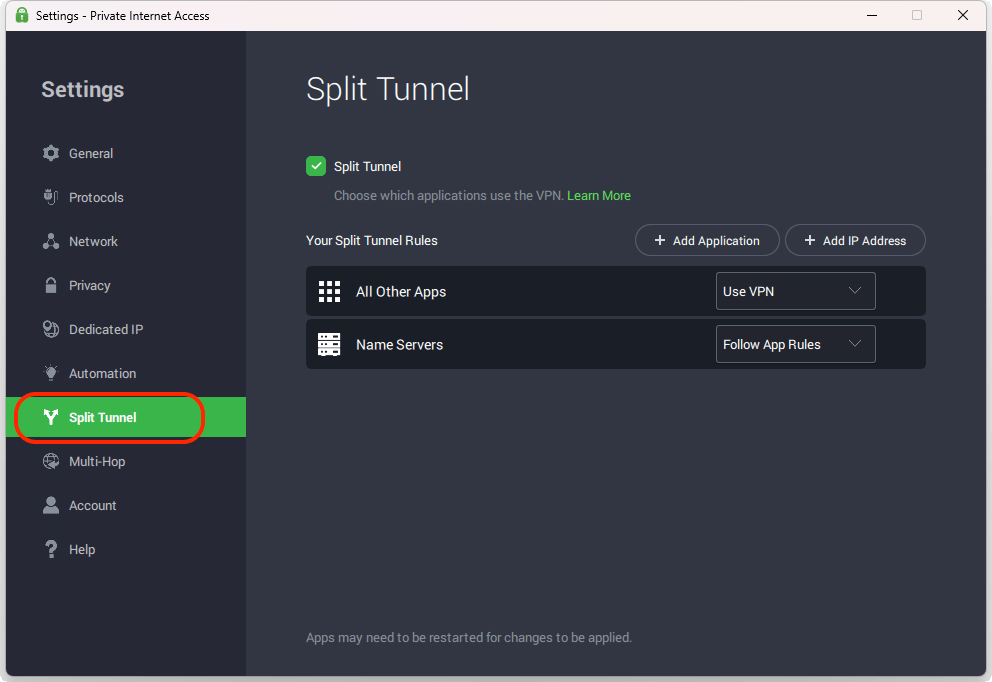 PIA Split Tunneling (Main App Home Screen > Settings > Split Tunnel)