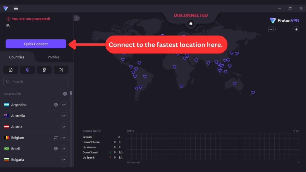 Proton VPN's user interface on Windows