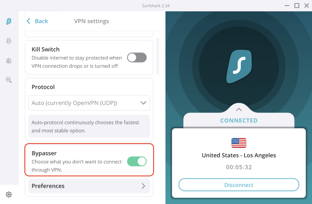 Surfshark Split Tunneling (Main App Home Screen > VPN Settings > Bypasser)