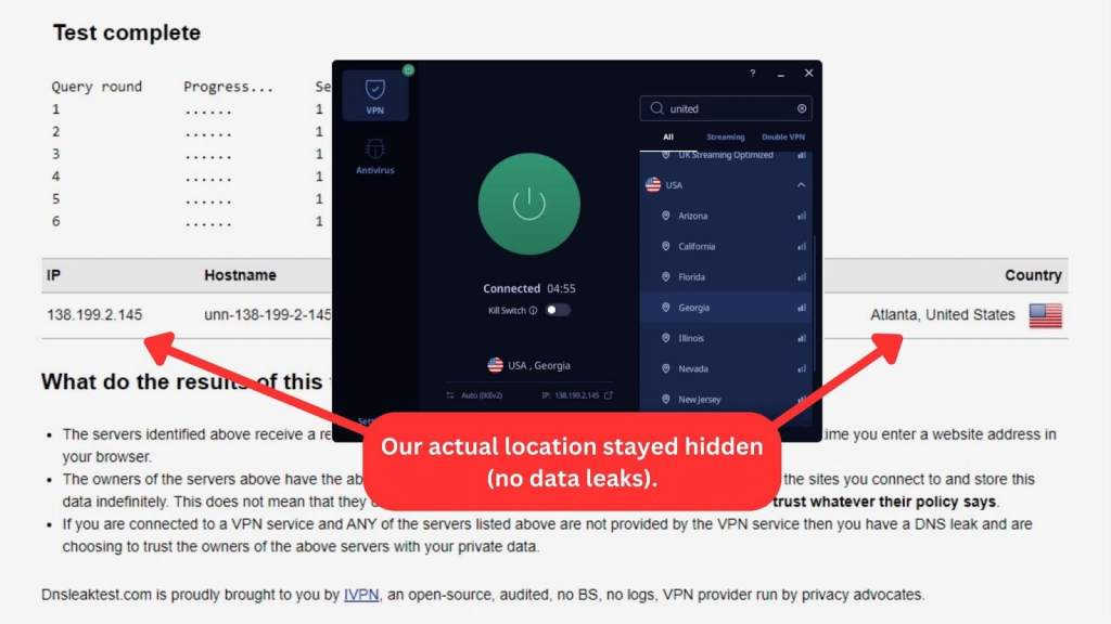 DNS leak test showing a US IP address