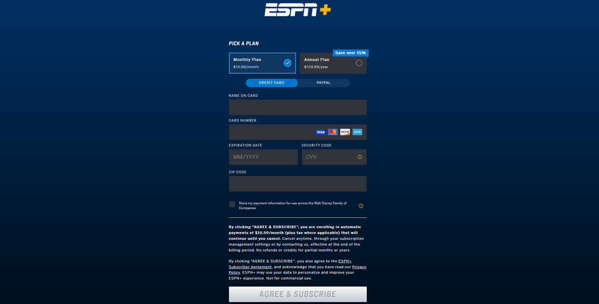 Entering Your Payment Details for ESPN Plus.