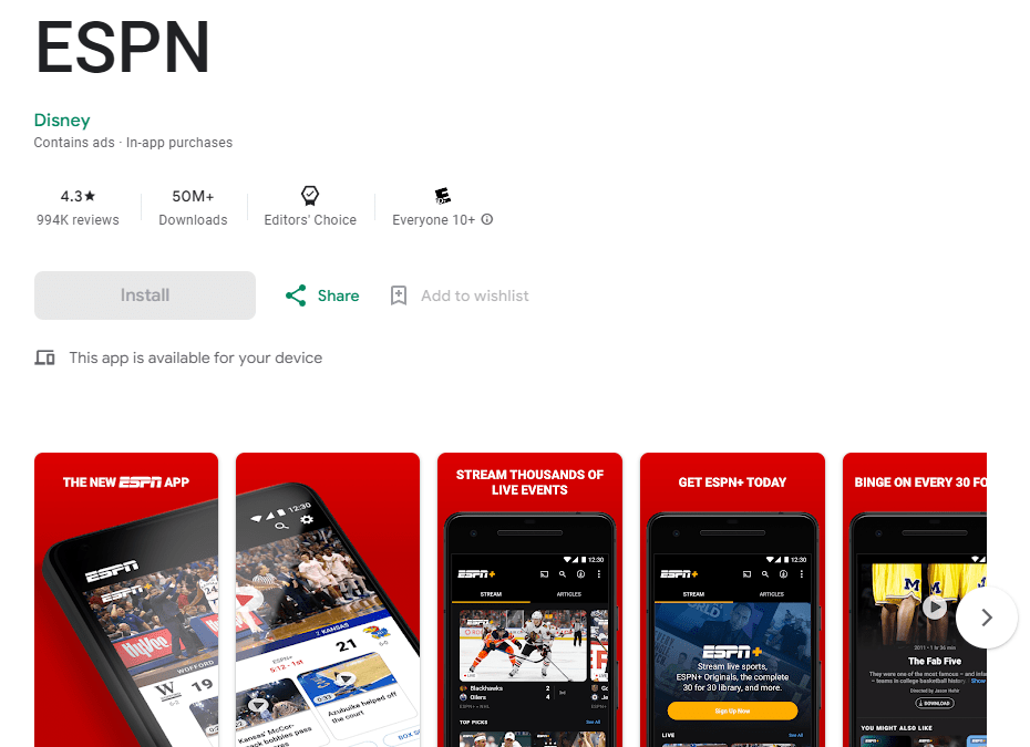Locating the ESPN App on Google Play Store.