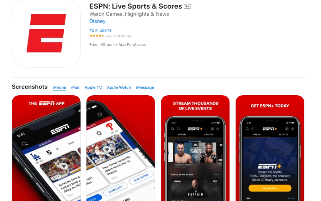 Locating the ESPN App on the App Store.
