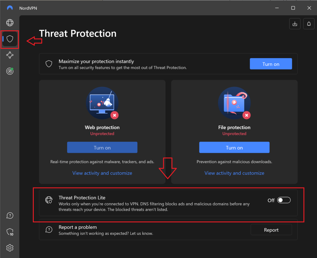 NordVPN's Ad Blocker (Main App Home Screen > Threat Protection)