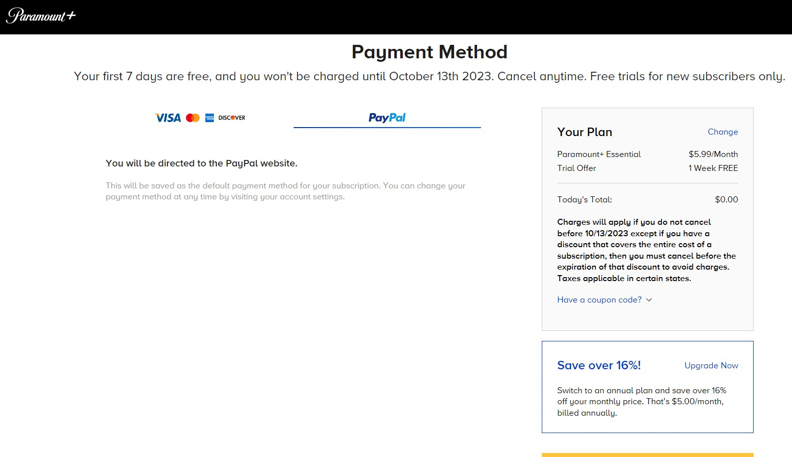 PayPal as payment method on paramount+ site