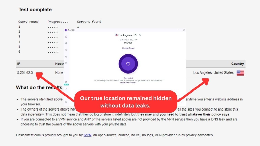 PureVPN DNS leak test showing no leaks