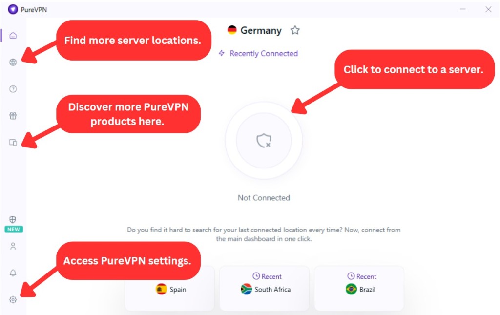 PureVPN user interface on a Windows app