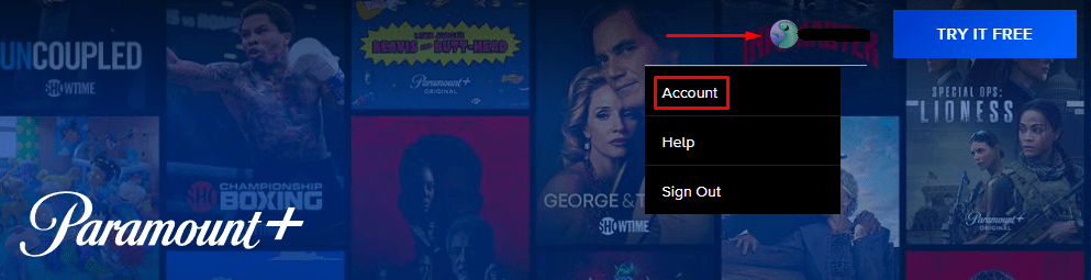Selecting Your Account on the Paramount Plus Website.