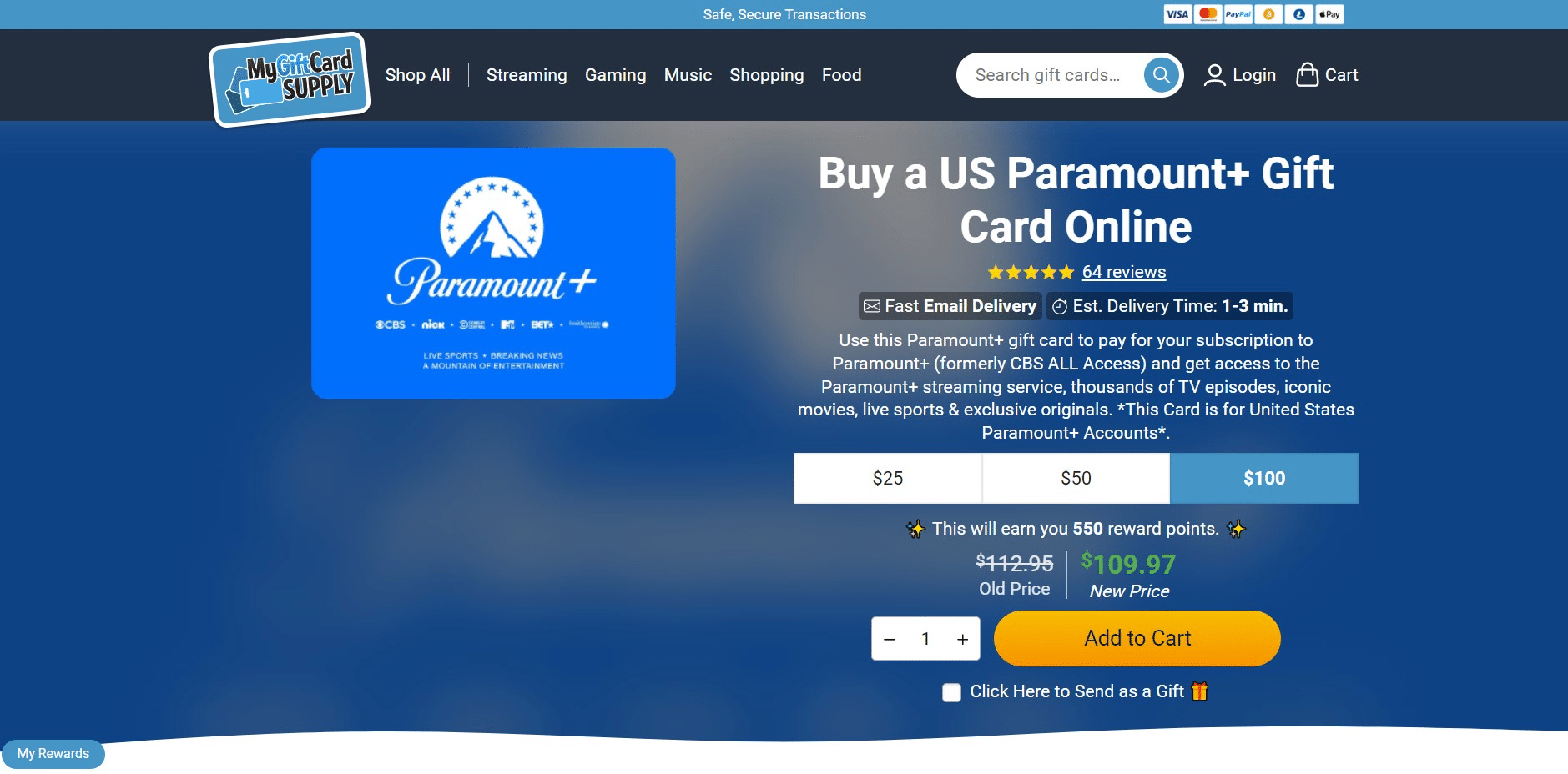 US Paramount+ gift card online screen