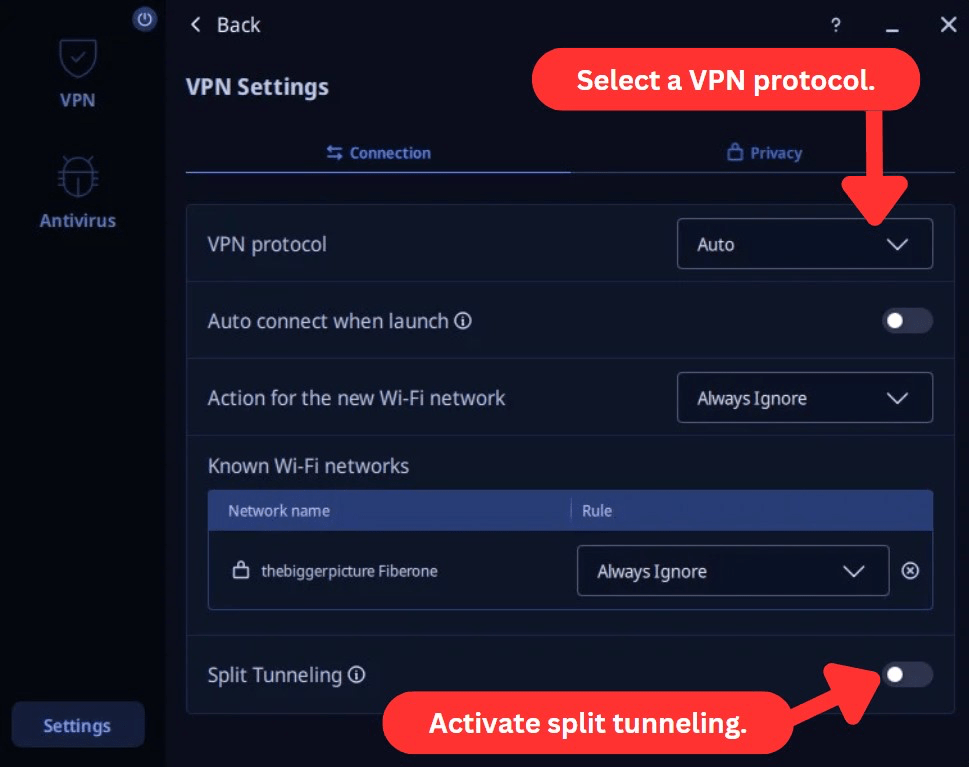 VeePN app showing its connection settings