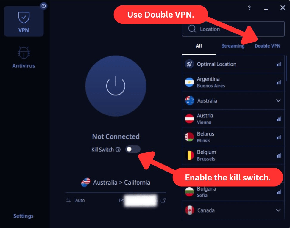 VeePN on Windows showing the Kill Switch and Double VPN features