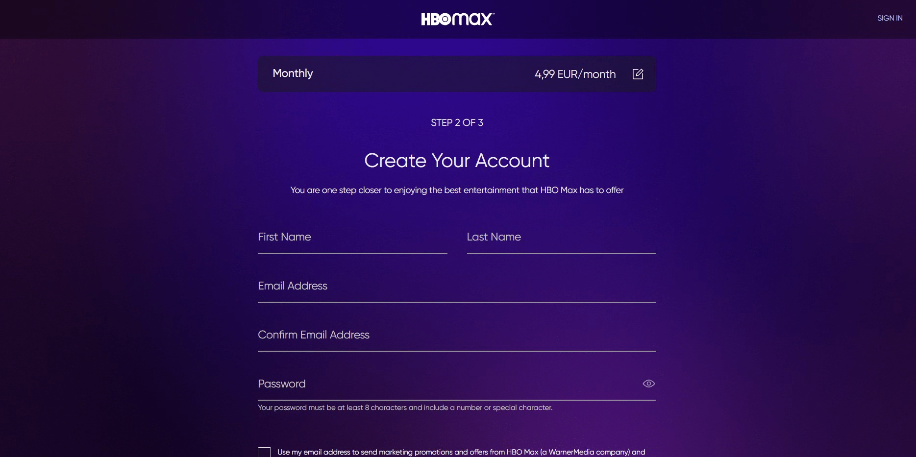 create your hbo max account screenshot