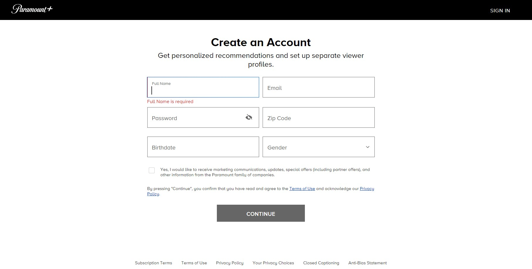 paramount+ create an account screen