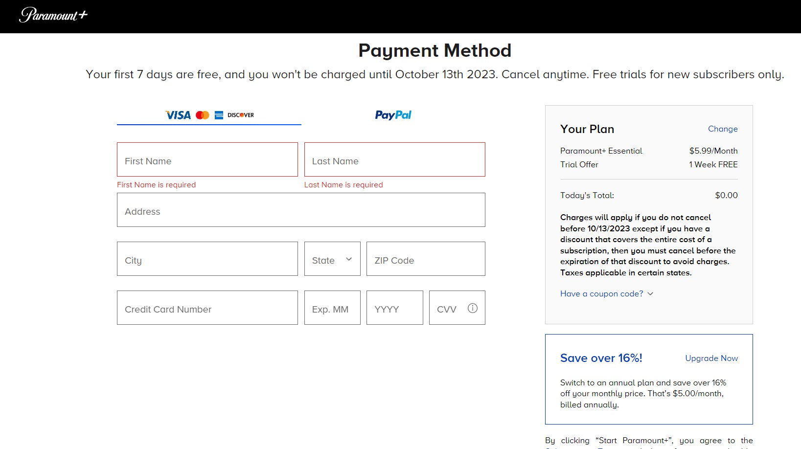 paramount+ payment method screen